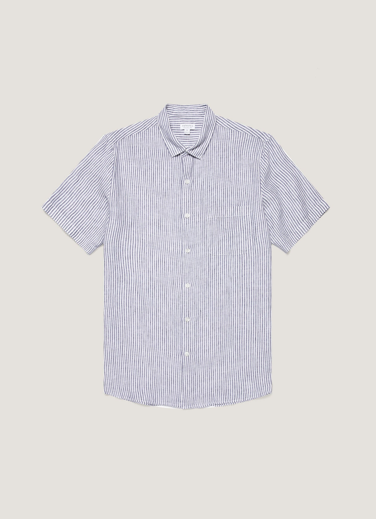 Sunspel Men's Short Sleeve Linen Shirt in White/Navy