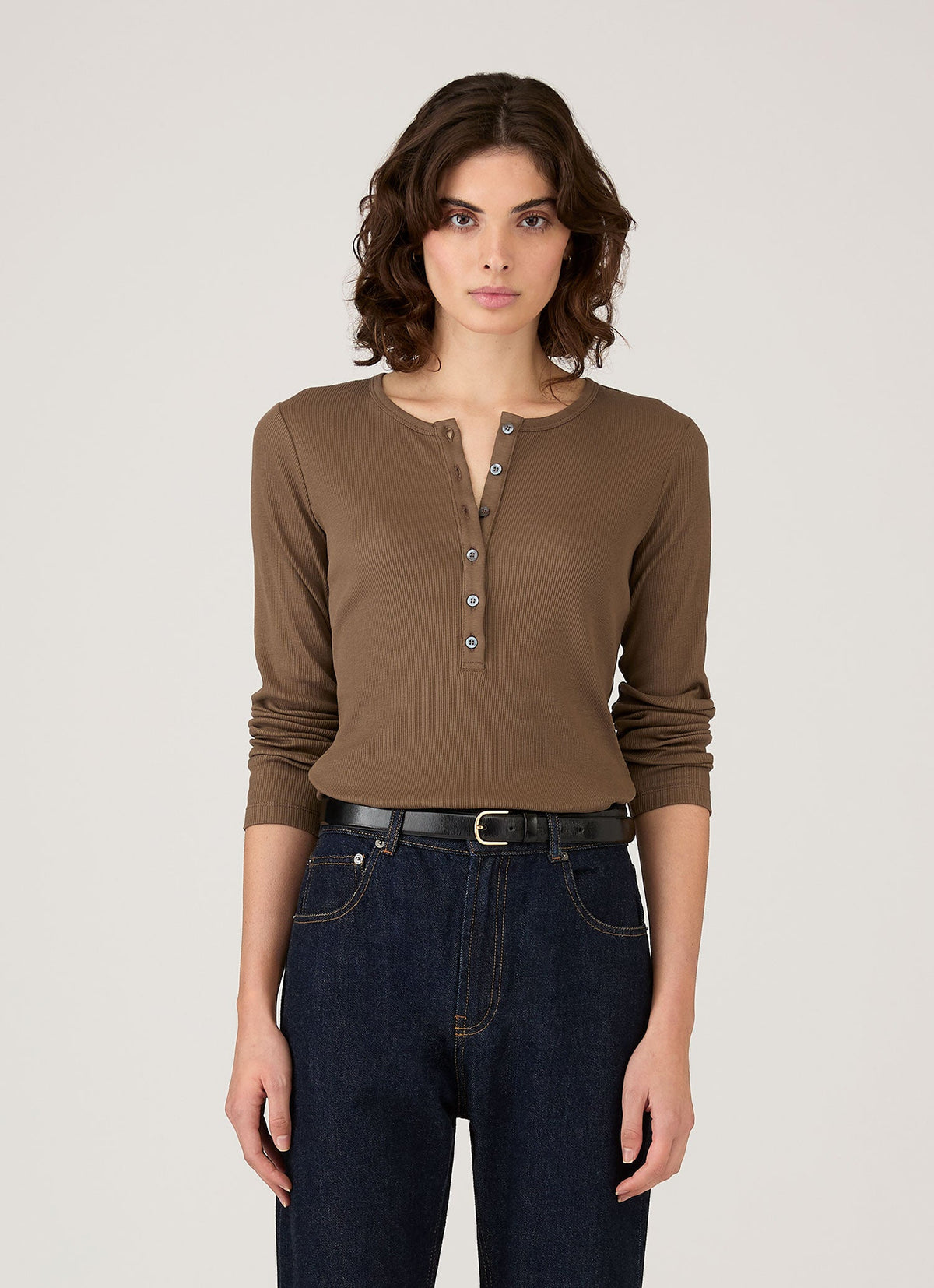 Sunspel Women's Ribbed Henley in Dark Cedar