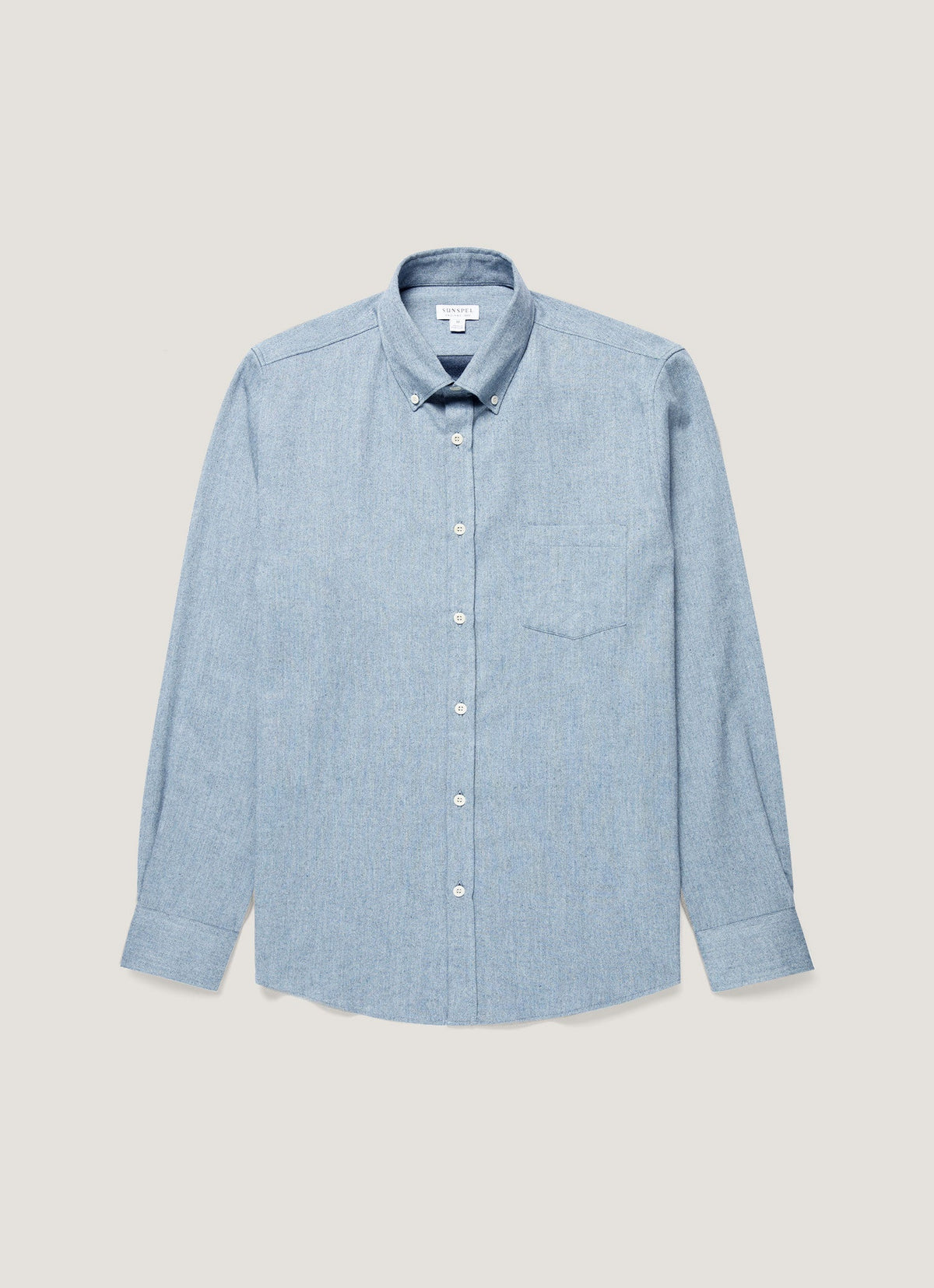 Sunspel Men's Button Down Flannel Shirt in Powder Blue Melange